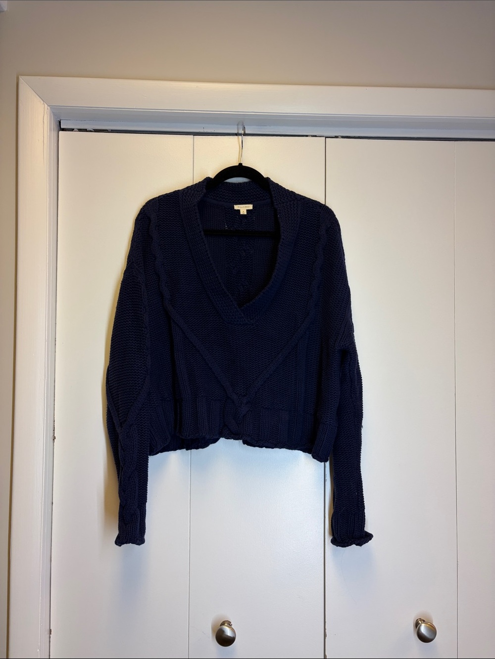 Pilcro Navy V-Neck Cropped Chunky Knit Sweater